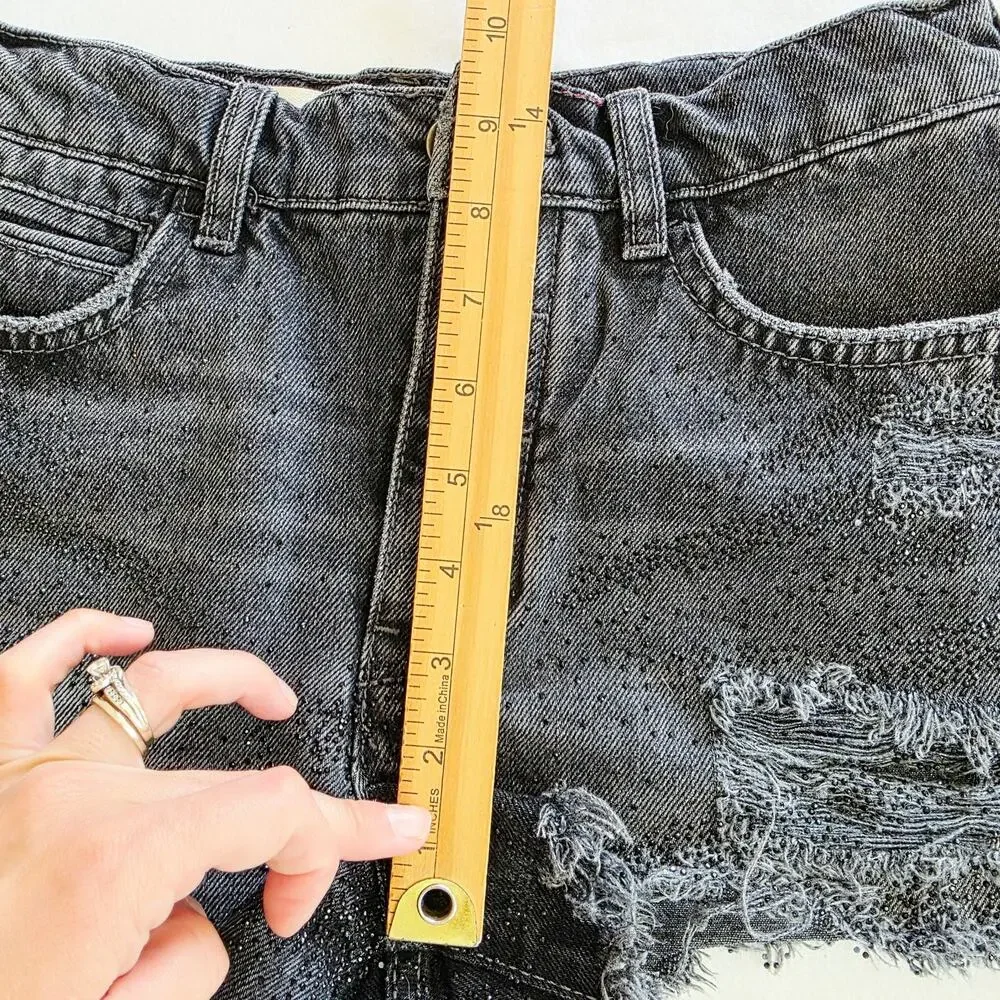 Pilcro Anthropologie Devon Denim Shorts 25 Black Rhinestone Distressed Frayed